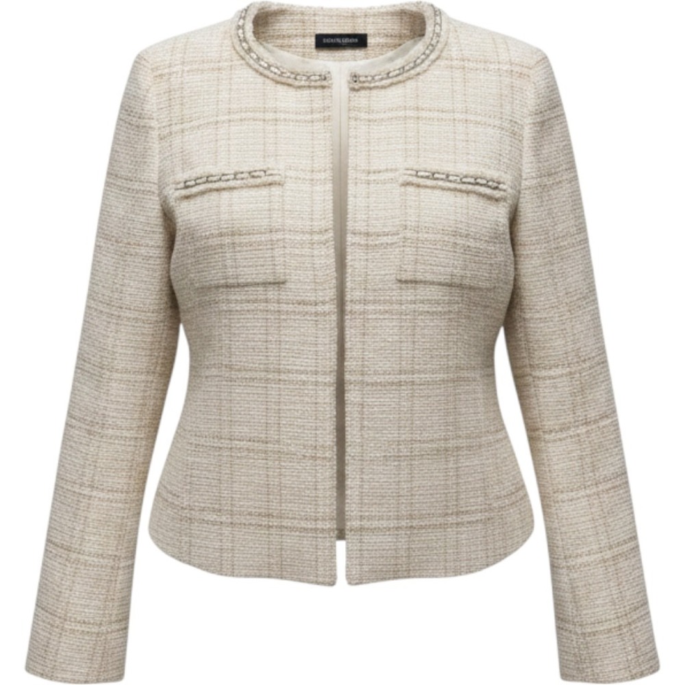Cable & Gauge Women Plaid Tweed Jacket Cream Tan Chain Detail Blazer Large